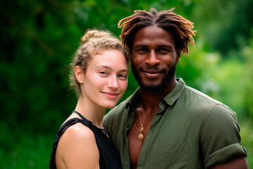 Obraz premium multiracial couple outdoors, closeup, natural green background. love. love and friendship concept.