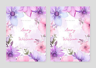 Pink and purple violet frangipani elegant wedding invitation card template with watercolor floral and leaves