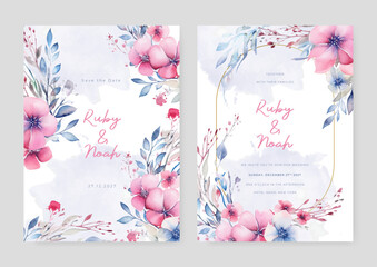 Pink frangipani luxury wedding invitation with golden line art flower and botanical leaves, shapes, watercolor