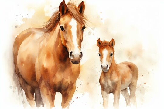 Watercolor illustration of horse and foal. Generative AI
