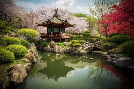Peaceful Japanese architecture amidst a spring garden: koi pond, cherry trees, pagoda, vibrant colors with polarizing filter. Generative AI