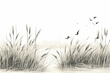Hand-drawn reeds and soaring birds. Ideal for interior printing. Generative AI - obrazy, fototapety, plakaty