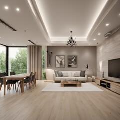 Fototapeta premium Living room in a bright modern house open floor plan minimalist style.