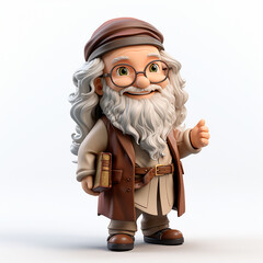 Adorable 3D cartoon Leonardo da Vinci portrait on a white background.