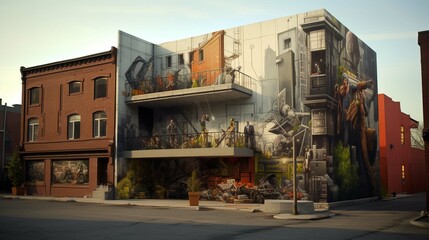 Fototapeta na wymiar 3D rendering of a home wall transformed into a cinematic urban street art scene.