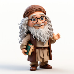 Adorable 3D cartoon Leonardo da Vinci portrait on a white background.