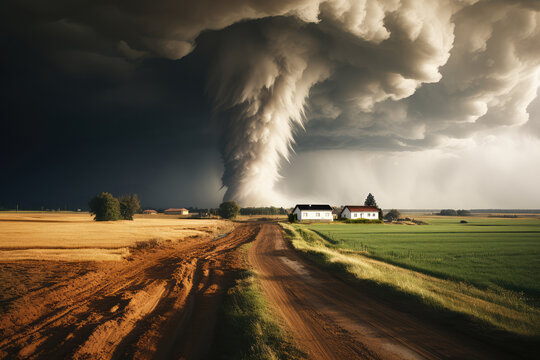 Tornado approaching over serene countryside