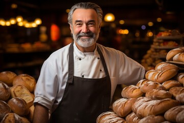 portrait of a baker with bread in bakery, happy, smiling.