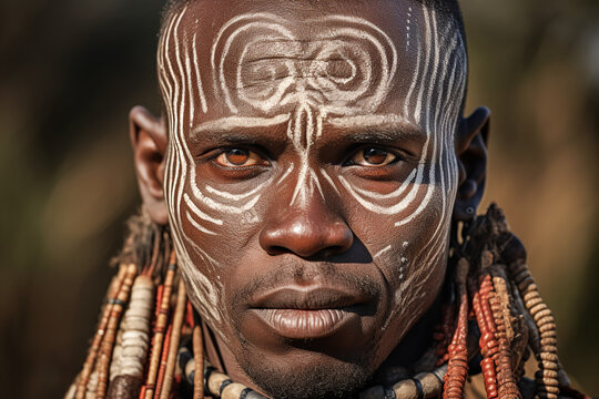 Generative AI illustration of portrait of african male of authentic tribe wearing white face painting and accessories while standing on blurred background and looking at camera