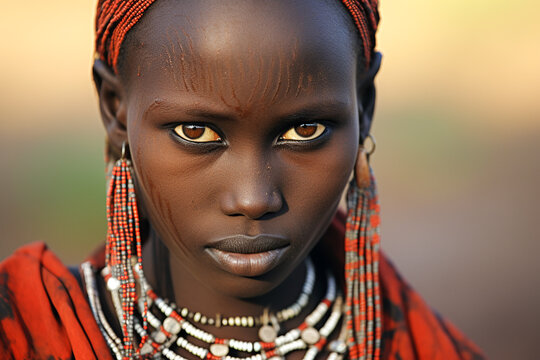 Generative AI illustration of portrait of african female of authentic tribe wearing traditional clothes, brown face painting and accessories while standing on blurred background and looking at camera