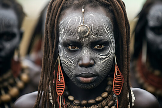 Generative AI illustration of portrait of african female of authentic tribe wearing white face painting and accessories while standing against blurred people and looking at camera