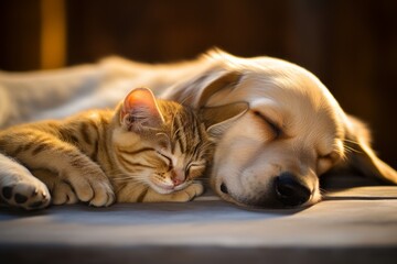 adorable puppy and kitty sleeping together, best friends, 