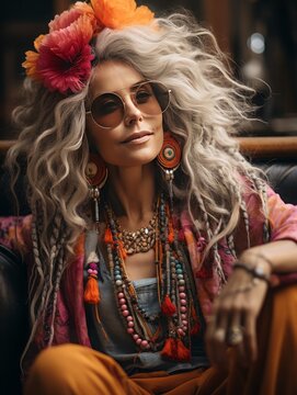 portrait of a beautiful mid age woman, boho hippie style