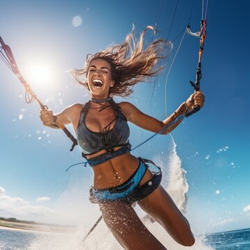 young women kite surfing, having fun