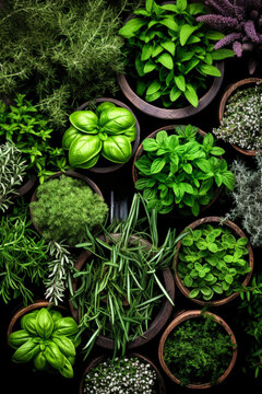 From above generative AI image of various fresh herbs in pots displayed on surface