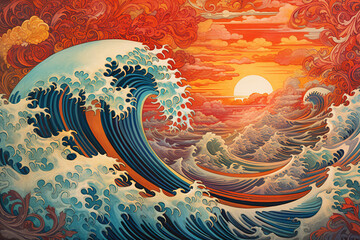 Generative AI illustration of blue wave crashing amidst swirling red and crimson clouds capturing the essence of natures fury and beauty