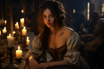 Tavern girl, girl waitress serving staff in medieval times, authentic setting design architecture, middle ages culture, portrait dim lights, bar, candles.