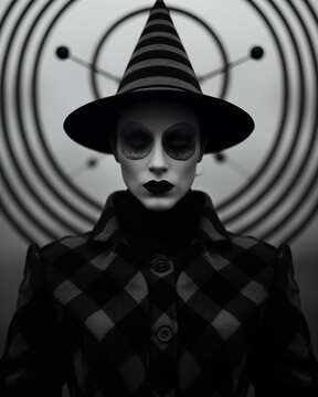 A haunting monochrome portrayal of a figure in a checkered coat and striped hat, set against a background with concentric circles. Generative AI.