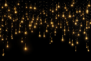 Fototapeta na wymiar Gold Twinkle Christmas string lights on black background.