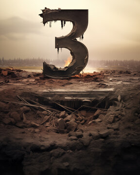 A damaged numeral "3" stands prominently in a desolate, war-torn landscape with remnants of destruction surrounding it. Generative AI.