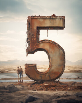A colossal rusted numeral "5" rises from an arid landscape, with distant figures observing its overwhelming presence. Generative AI.