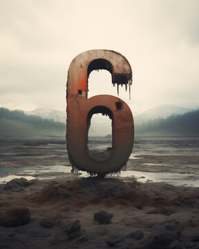 An imposing metal numeral "6", adorned with spikes, stands by a serene forested lake, creating a stark contrast to the peaceful backdrop. Generative AI.
