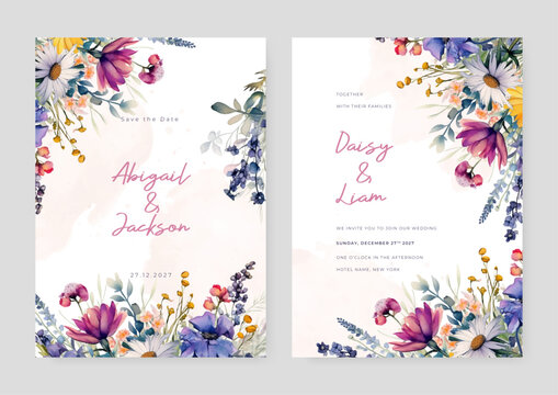 Colorful colourful peony artistic wedding invitation card template set with flower decorations