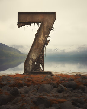 A deteriorating numeral "7" stands on a rugged shoreline, contrasting the pristine lake and distant misty mountains. Generative AI.