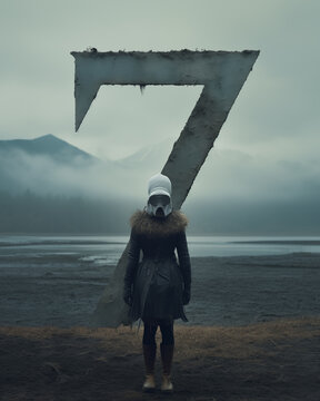 A solitary figure, with obscured face, stands before a massive numeral "7", set against a foggy, mystic landscape. Generative AI.