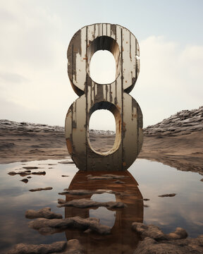 A hollow numeral "8" stands on barren terrain, its dual voids reflecting in a tranquil puddle amidst a vast landscape. Generative AI.