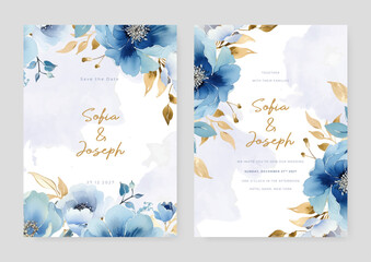 Blue peony floral wedding invitation card template set with flowers frame decoration