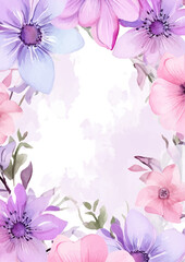 Fototapeta premium Pink and purple violet watercolor hand painted background template for Invitation with flora and flower