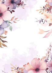 Pink and purple violet vector frame with foliage pattern background with flora and flower