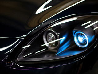A modern car's sleek and stylish headlights shining brightly against a dark background.