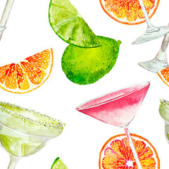 two cocktails with fruits on a white background. pattern watercolor drawing for postcards handmade textiles scrapbooking prints menu wallpaper