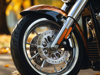 Closeup of a motorcycle's shiny chrome details showcasing intricate patterns and fine craftsmanship.