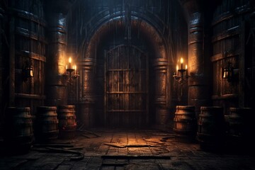 Fototapeta na wymiar Dark, mysterious dungeon featuring closed doors, dimly lit candles, and an aged barrel. Generative AI