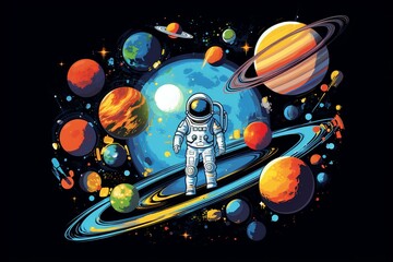 Illustration depicting space with astronaut, shuttle, saturn and satellite in a cartoon style. Includes a collection of colorful comic elements. Represents a universe concept with a. Generative AI
