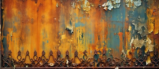 Fading weathered gate covered in layers of paint and rust a vibrant structure