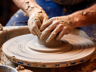 A potter's wheel crafts a clay bowl with skilled hands in closeup view.