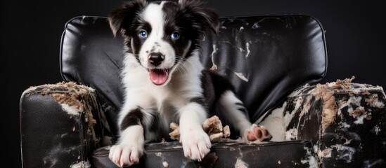 Border Collie puppy chews home furniture - obrazy, fototapety, plakaty