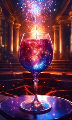 All glassblowing superrealism style urban vampire style only one big glass of wine in the center strong light beam in spiral fireworks stars light astral realm interdimensional palace columns some fly - obrazy, fototapety, plakaty