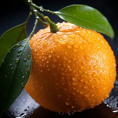 Fresh tangerine with green leaves, ai generated