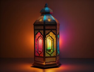 Fototapeta premium An ornamental Arabic lantern with colorful glass glowing on a glowing dark background, a greeting for Ramadan and Eid.