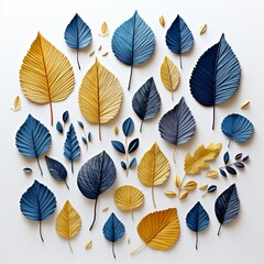 golden and blue tree leaves on a white background