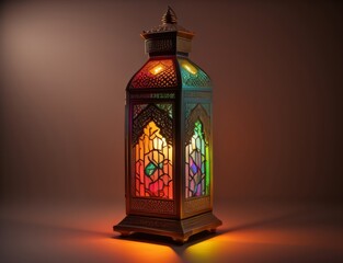 Obraz premium An ornamental Arabic lantern with colorful glass glowing on a glowing dark background, a greeting for Ramadan and Eid.