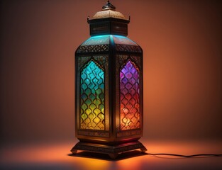 An ornamental Arabic lantern with colorful glass glowing on a glowing dark background, a greeting for Ramadan and Eid.