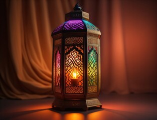 An ornamental Arabic lantern with colorful glass glowing on a glowing dark background, a greeting for Ramadan and Eid.