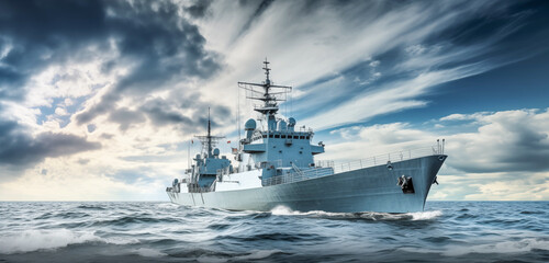 Fototapeta Military navy ships in a sea.  Grey modern warship sailing in the sea obraz
