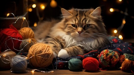 A cat lies in the middle of balls of wool, ai generated